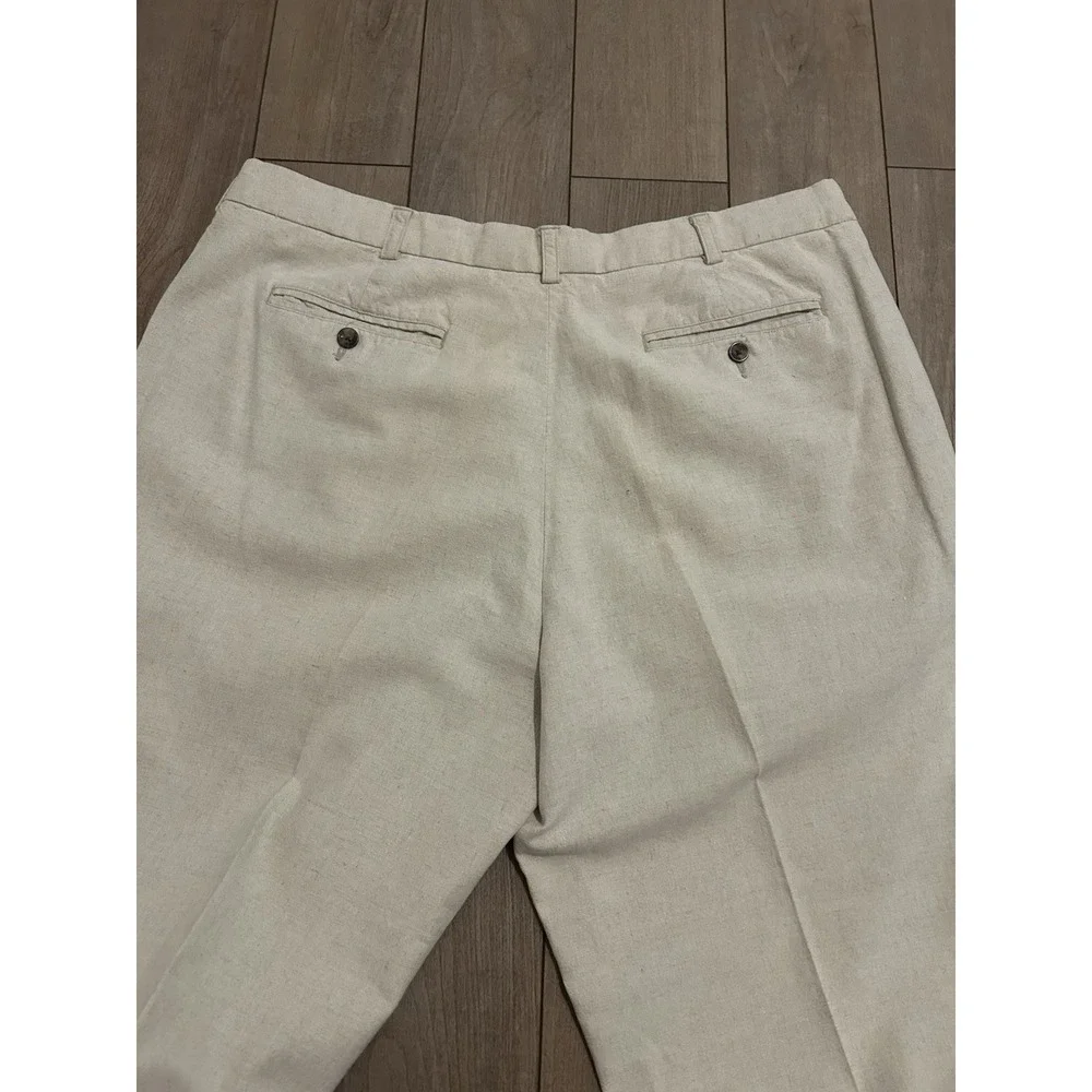 Van Heusen Men's Dress Pants 36x30 Beige Mid-Rise Pleated Cuffed Linen